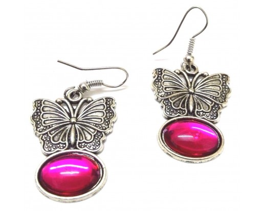FUCHSIA BUTTERFLY Silver Oxidized Earring - Hook Dangle Drop - Fashion Novelty